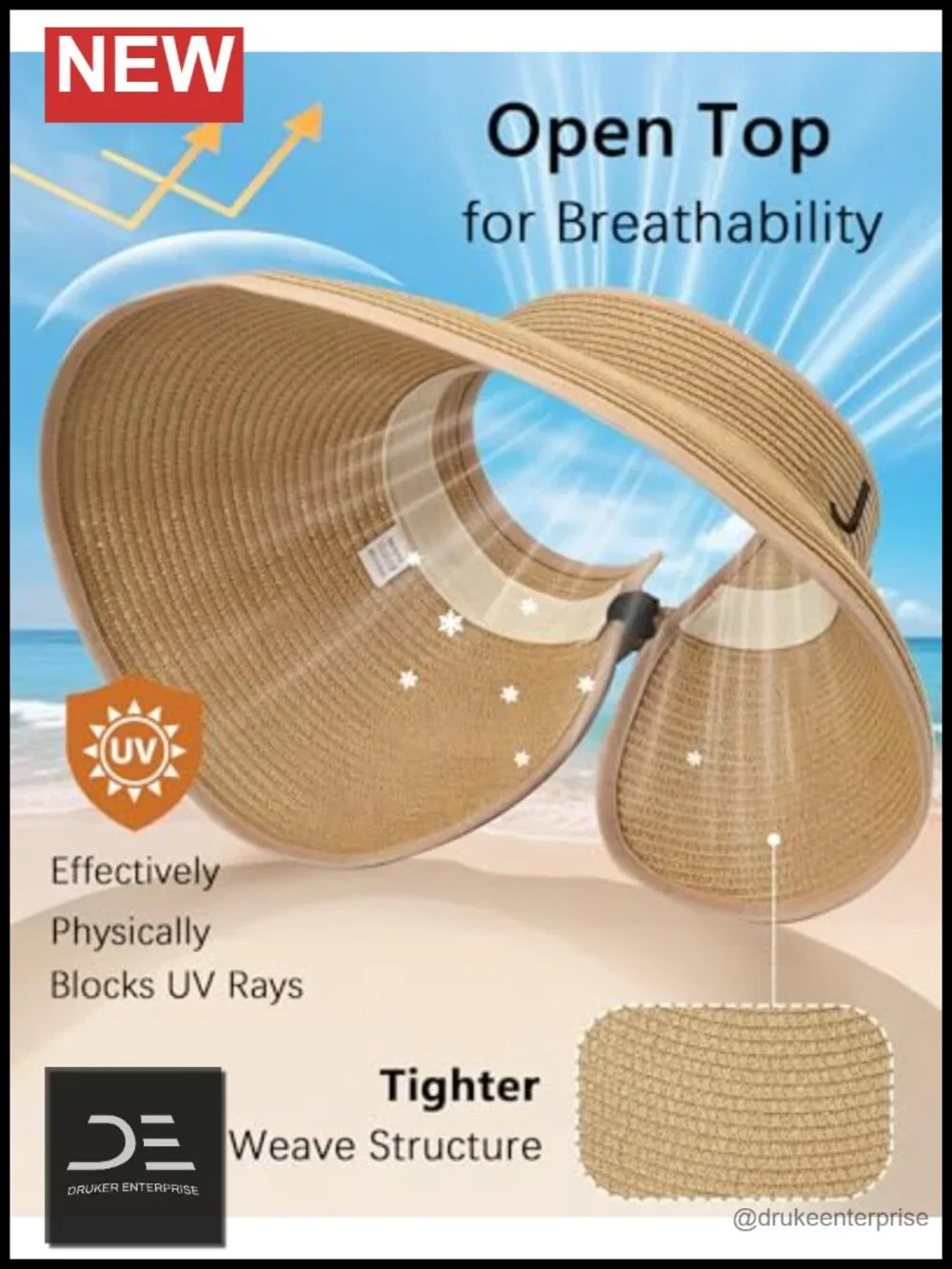 Wide Brim Straw Sun Hat with Ponytail Opening, Foldable UV Protection